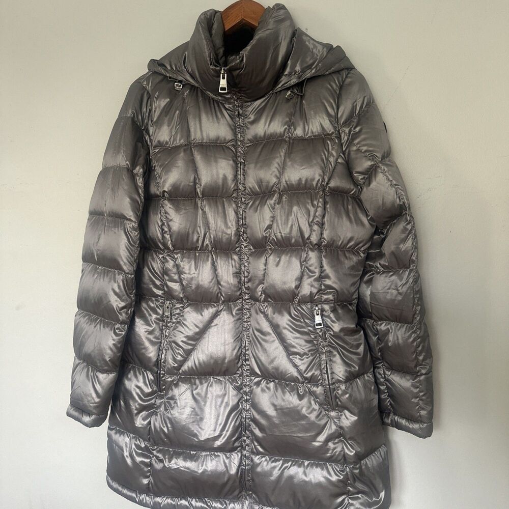 Andrew Marc Women Gray Silver duck Down Puffer Jacket Prolonged Hood L